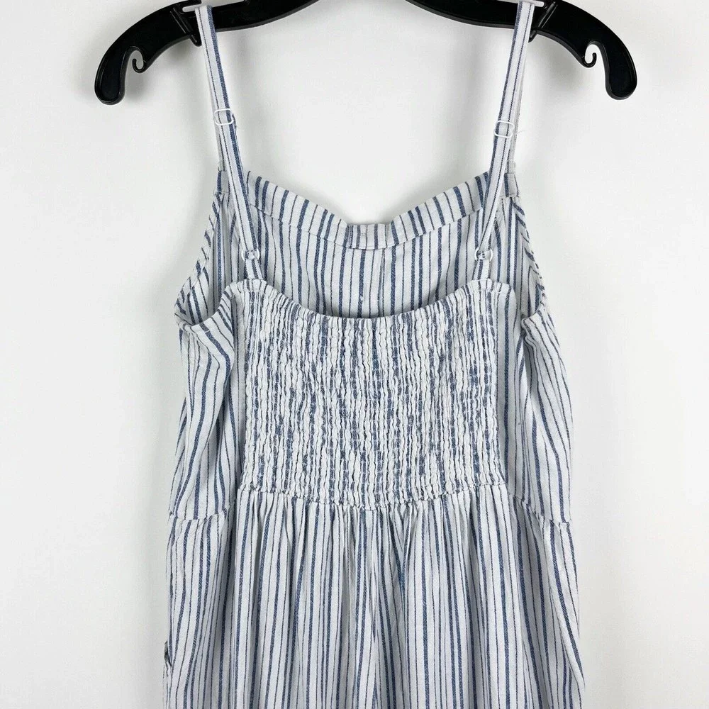 Old Navy Linen Cropped Jumpsuit Smocked Back Blue Stripe Boho Lagenlook - Picture 7 of 16
